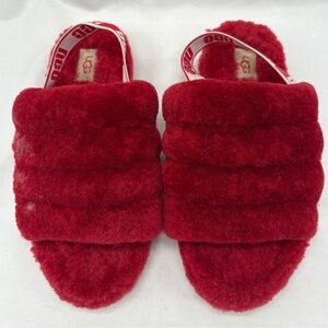 UGG Womens Size 5 Red Fluff Yeah Shearling Slippers Slides Slingback Sandals*